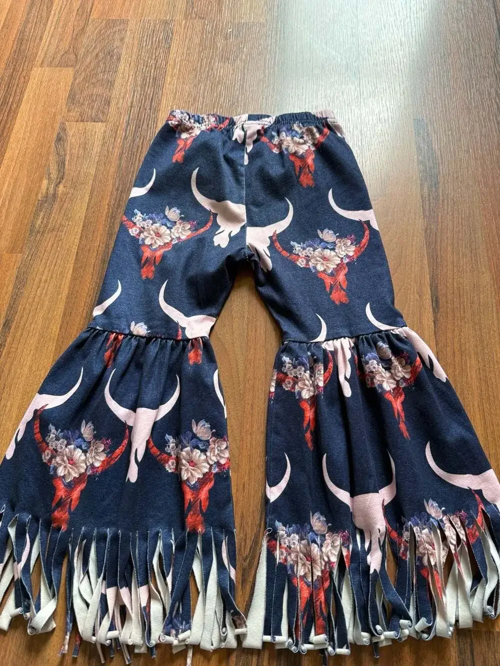 Girls Western Floral Cow Skull Print Ruffle Flare Pants with Fringe Bottom Size